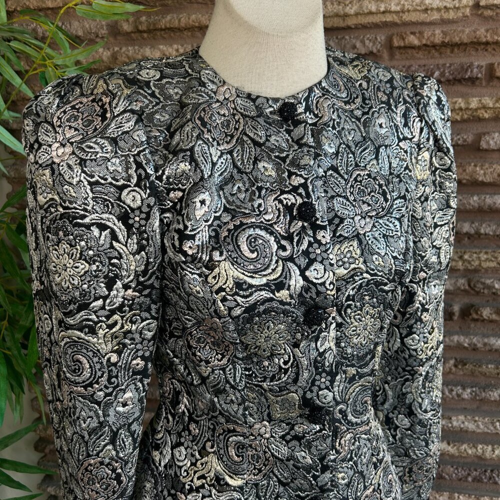 Scott McClintock Vintage 80s Metallic Silver Black Formal Blazer Size 6 - Picture 6 of 9